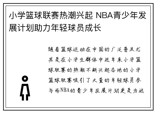 小学篮球联赛热潮兴起 NBA青少年发展计划助力年轻球员成长